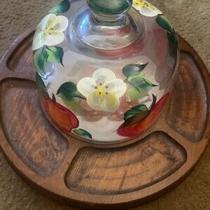 Hand-Painted Glass Cheese Dome with Wooden Base